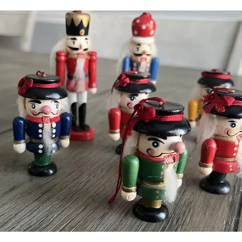 7 Vintage Wooden Nutcracker Hand Painted Ornaments 2 - 4” And 5 - 2.5”